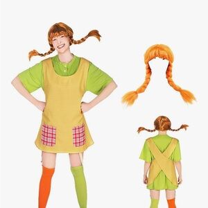Playful Women’s/girl’s Costume w/Orange Wig & Green Dress.